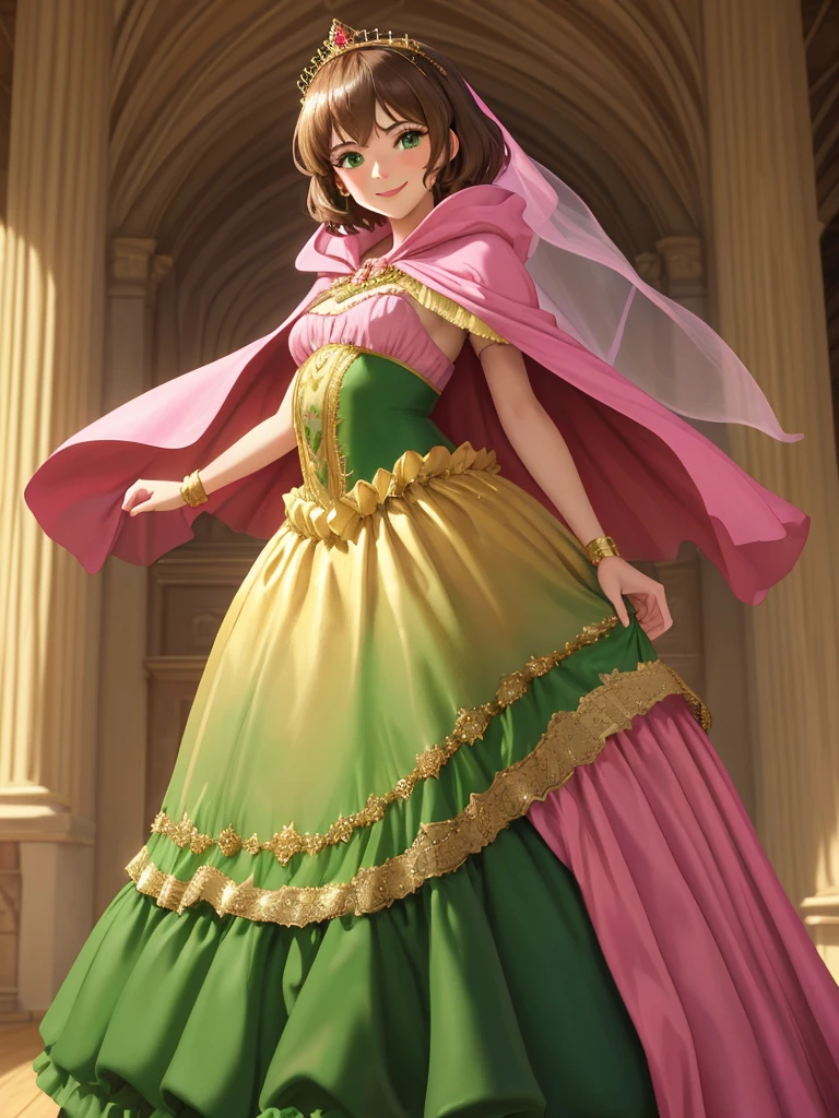 masterpiece, best quality:1.2), 1girl, smile, looking at viewer, green eyes, short brown hair, princess, princess dress, wearing puffy pink ballgown reaching the floor, green cloak cape, golden tiara with veil, standing in ballroom of medieval castle