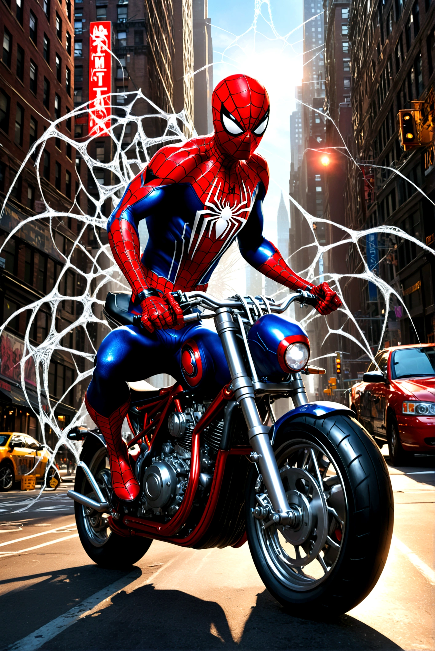 a detailed photo of spider-man riding a spider-man themed motorcycle on the streets of new york city, dynamic action pose, dramatic lighting, cinematic angle, highly detailed, intricate mechanical details, realistic rendering, digital art, concept art (Spiderwebs spell 'Spider Man' across the top of the picture in comic book style)
