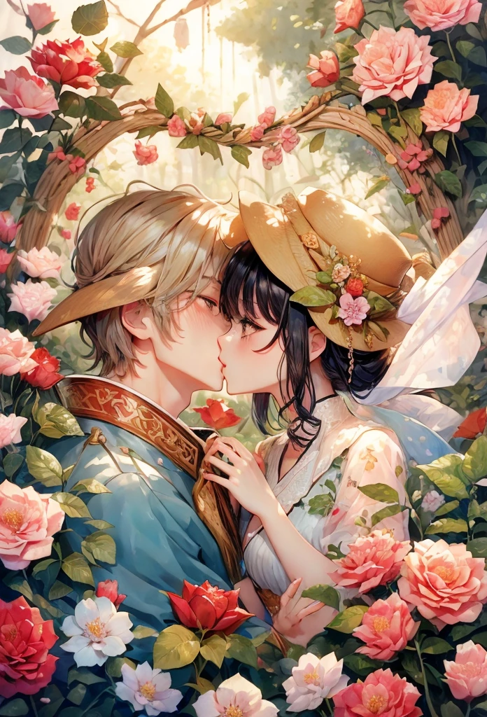 anime couple kissing in a garden of roses, peasant boy and girl first kiss, kawacy, guweiz, kissing together cutely, artwork in the style of guweiz, alphonse mucha and rossdraws, official fanart, lovely kiss, coronation of the flower prince, guweiz on pixiv artstation, high quality fanart, a beautiful artwork illustration