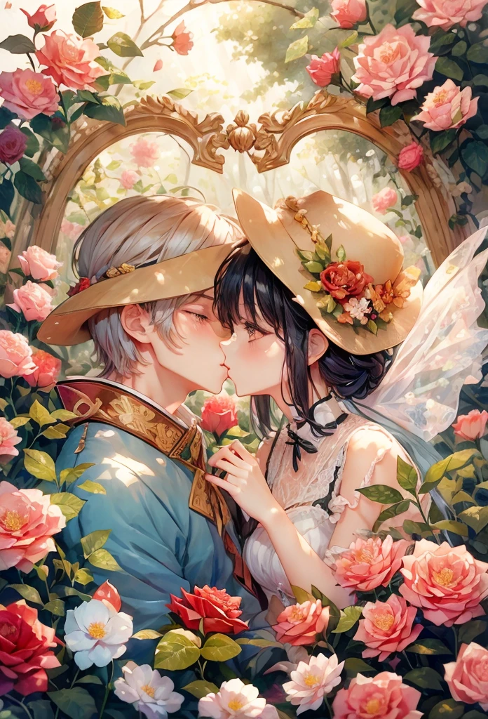 anime couple kissing in a garden of roses, peasant boy and girl first kiss, kawacy, guweiz, kissing together cutely, artwork in the style of guweiz, alphonse mucha and rossdraws, official fanart, lovely kiss, coronation of the flower prince, guweiz on pixiv artstation, high quality fanart, a beautiful artwork illustration