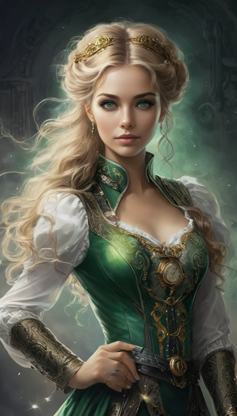 Un portrait hyperréaliste d’une sublime femme royale heureuse et rayonnante aux cheveux vert sombre foncé trèslong, portant une robe en dentelle blanche avec des accessoires steampunk, situé dans une pièce de style victorien avec des éléments mécaniques, seins volumineux, poitrine push-up , regard intense et sensuel , corps élancé, pose dynamique