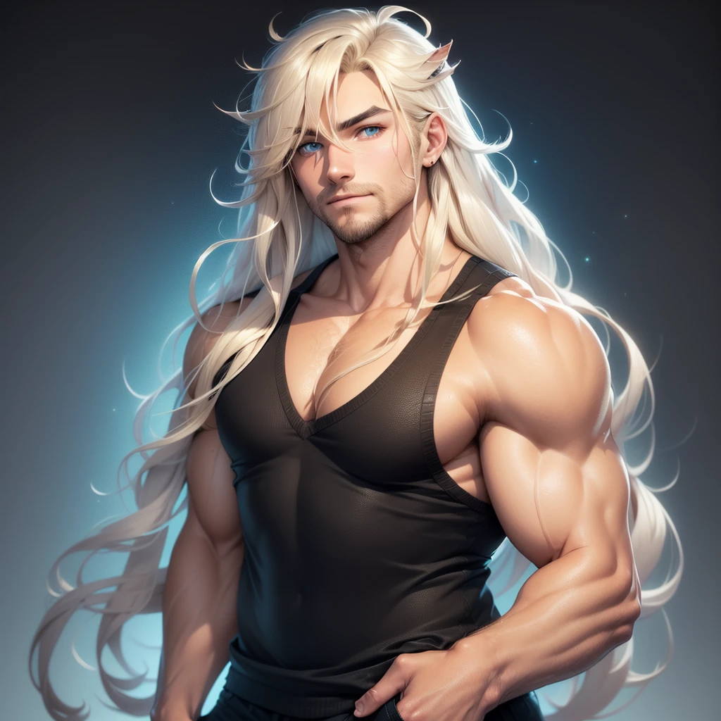 anime panel. A handsome male with dirty blonde fluffy layered medium length hair with curled ends, soft pale grey-blue eyes, small tusks, Androgynous, fairly muscular and chubby, muscular chest, covered in many freckles, dark blue tanktop with off shoulder elbow sweater, black jeans, black pants, white background
