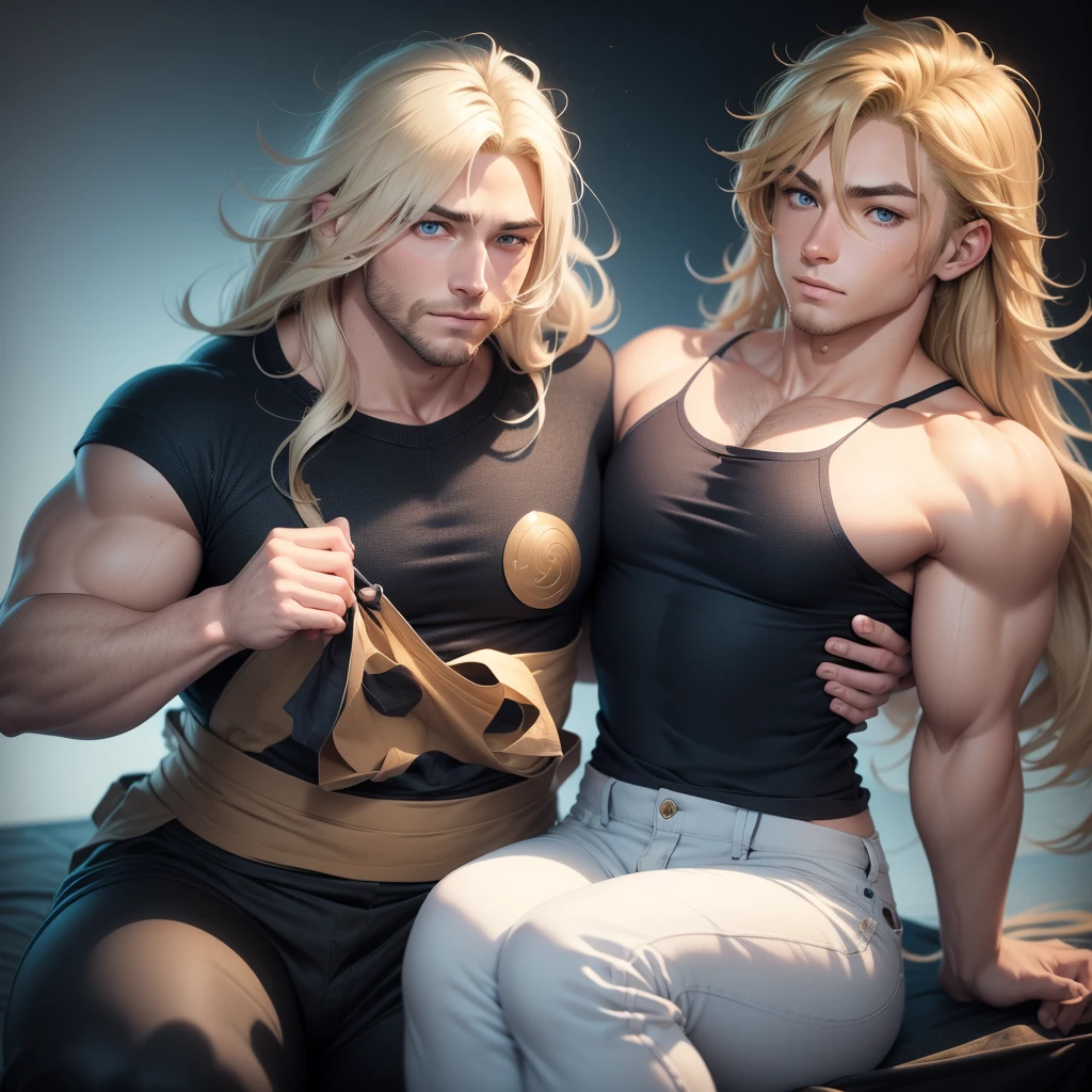anime panel. A handsome male with dirty blonde fluffy layered medium length hair with curled ends, soft pale grey-blue eyes, small tusks, Androgynous, fairly muscular and chubby, muscular chest, covered in many freckles, dark blue tanktop with off shoulder elbow sweater, black jeans, black pants, white background