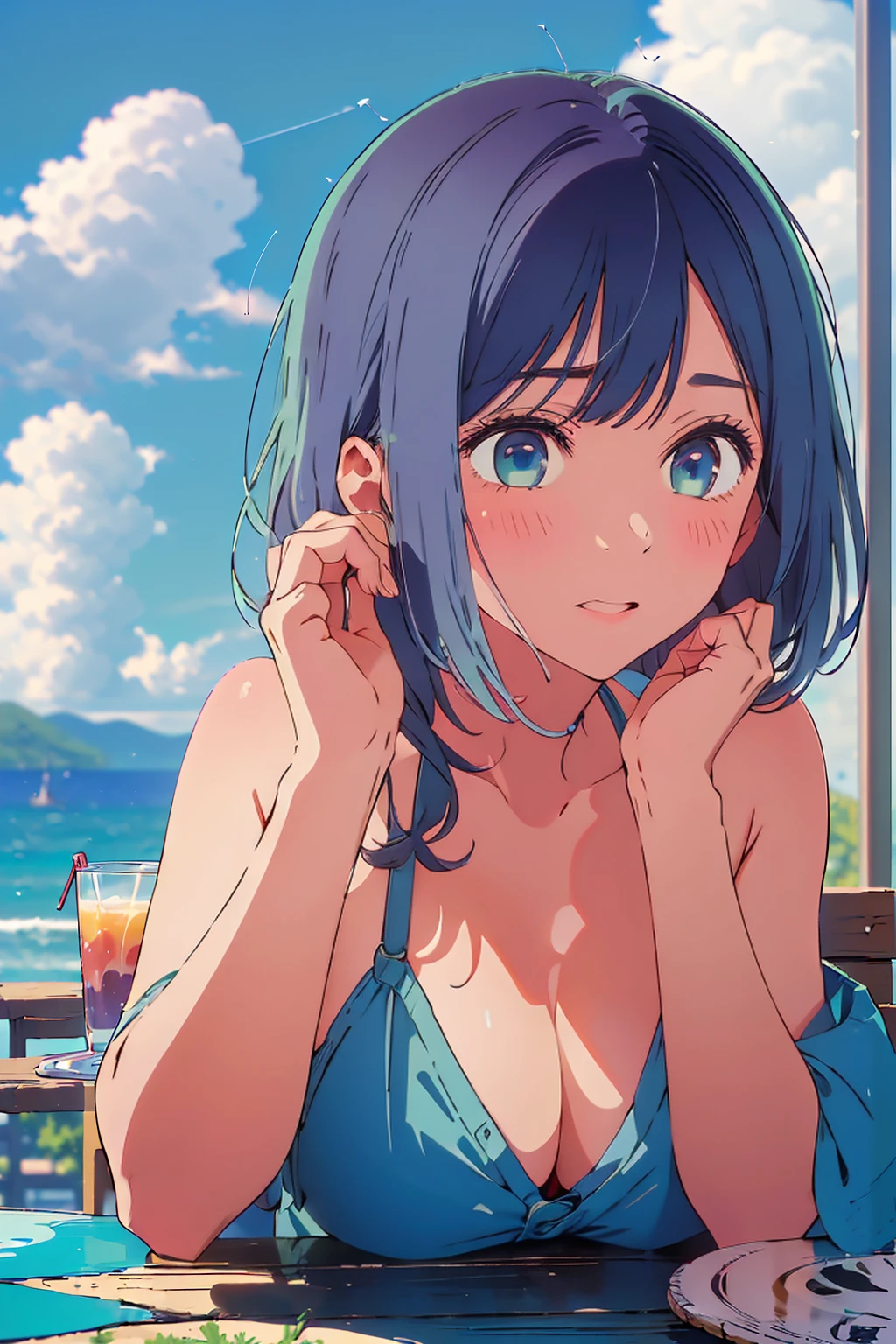 (Highest quality:1.4、masterpiece:1.4、Super detailed:1.4、8K:1.4)、F cup bust、Big Breasts、Slim body、((((1 person、Surprised expression、sit、Chair、In the background are the urban buildings of Tokyo、looking at the camera、Outdoor café terrace、coastal、Navy hair color、juice、table、Shooting up close、Very cute face))))、(Pose of putting hair behind ears with hands:1.4、Cheek resting on hand:1.4)、((nude、Areola、bikini))、Very blue sky、A completely cloudless sky、Big eyes、((((Shallow depth of field))))、Pink Lips、Jacket