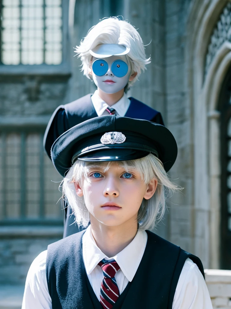 Boy White hair Blue eye Hogwarts black uniform 