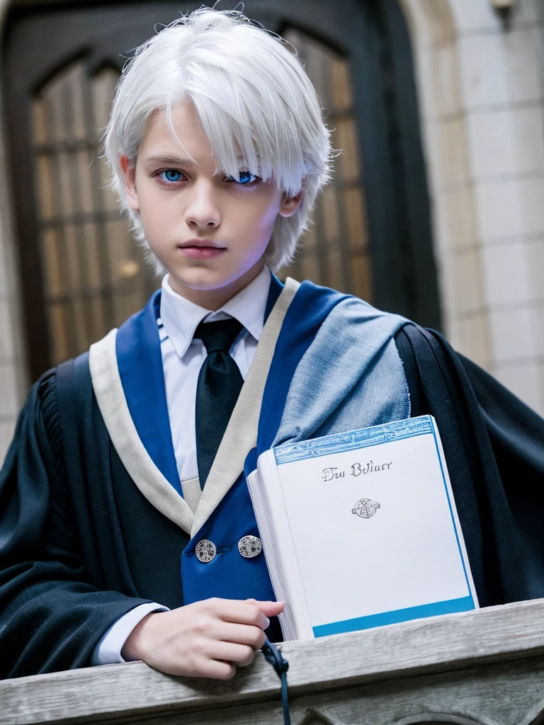 Boy White hair Blue eye Hogwarts black uniform 