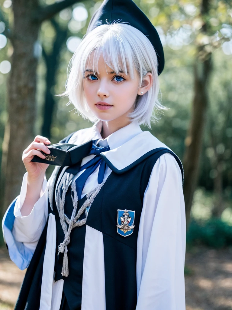 Boy White hair Blue eye Hogwarts black uniform 