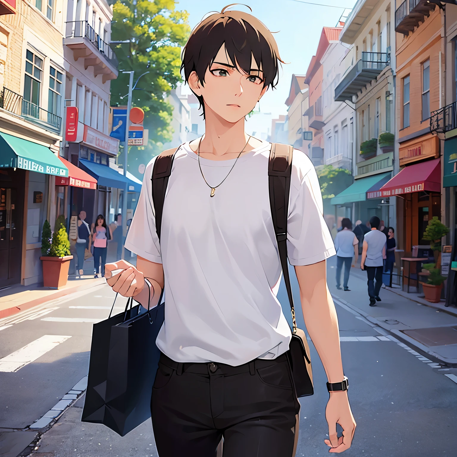looking away,upper body,shiny skin, (looking away:1.5)、masterpiece、Highest quality、(25-year-old male:1.5) and (Brown short hair) and (Green Eyes) Walking、The background is outside、(Alone:1.5),whiteTshirt、The background is a shopping street