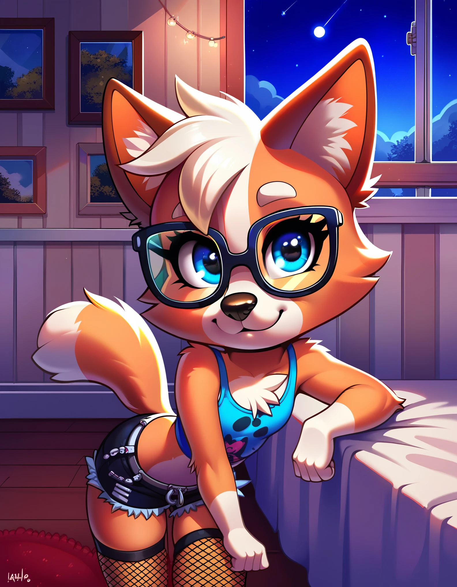 score_9, score_8_up, score_7_up, 1girl, source_cartoon, source_furry, blueyxl, bingo heeler, female red fox, (boxchibi:0.4), anthro, furry, tail, fox ears, fox tail, flat shaded background, indoors, wearing glasses, cute, , detailed fur texture, rocker emo clothing, flat chest, blue eyes, short blonde hair, slim,  looking at  you, playful, at night, dark atmosphere,