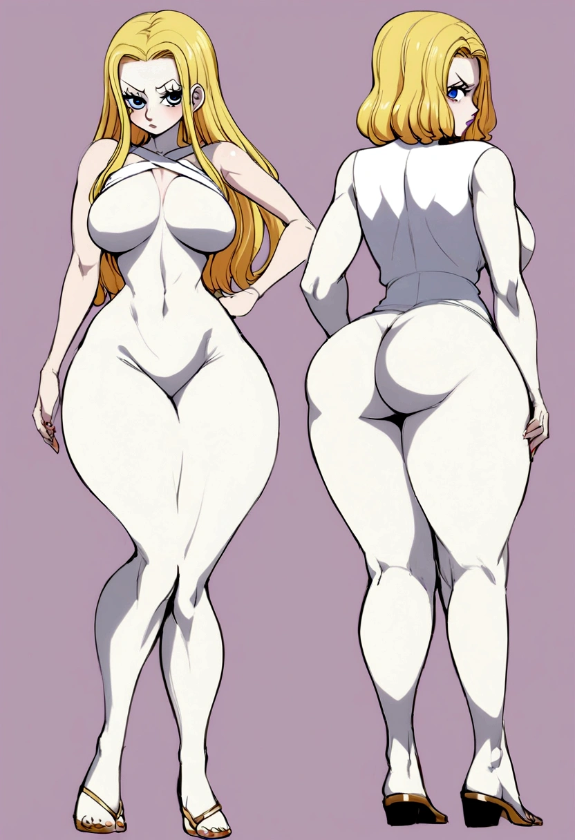 Style manga one piece,wide,blue eyes,15 year old girl,full body front side and back,pale skin,knee length blonde hair,slanted blue eyes with long eyelashes,full body front side and back,with a mole under the eye and another on the lip,with dark circles,big hips, big legs,curvy woman body,big breasts,clothes white dress