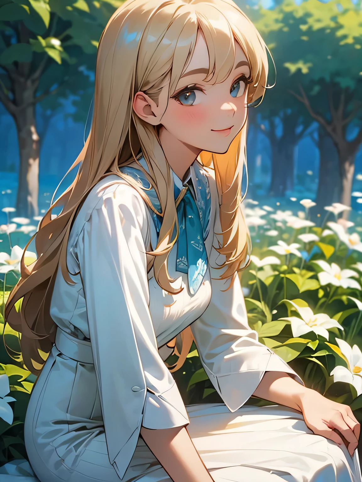 solo, looking at viewer,close up upperbody, beige hair, thin long hair, white blue, white blouse, classy long skirt, English garden, outdoors, blue sky,smile,sitting,perfect lighting face,