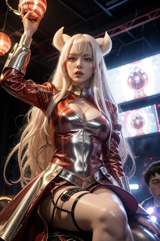 Tall 30 year old albino woman, with red eyes and long white hair, wearing a red and silver cowgirl outfit with disco lights in the background Riding a mechanical bull, raising one hand anime style