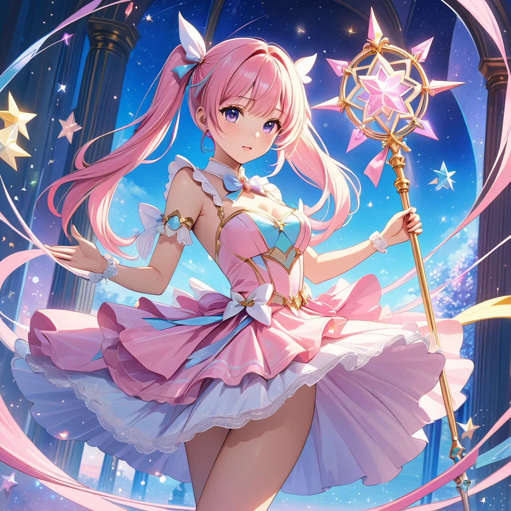 masterpiece、Highest quality、Highest quality、High resolution、8K,2.5D,A young woman wearing a magical girl costume, vibrant pastel colors, sparkling accessories, flowing skirt, detailed lace and ribbons, long hair in twin tails, holding a magical staff with a glowing gem, enchanting background with twinkling stars and magical orbs, whimsical and dreamy atmosphere, delicate and intricate design, anime style, dynamic pose, ethereal lighting, (masterpiece: 2), best quality, ultra highres, original, extremely detailed, perfect lighting
