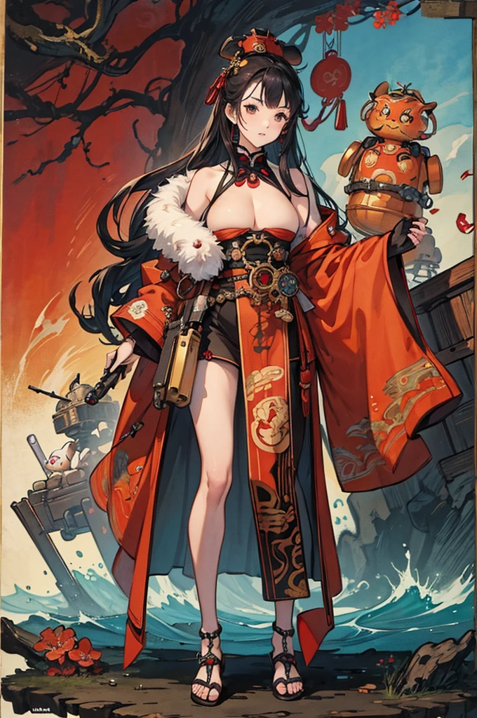 ((full body)), hard-edged, ((masterpiece)), 4K, best quality, ultra detailed, no artist's seals, no text, hip focus, a hamster robot, robot color is amber and red, watercolor, ukiyo-e,  steampunk, The background should feature a combination of ocean and a fujisan. 