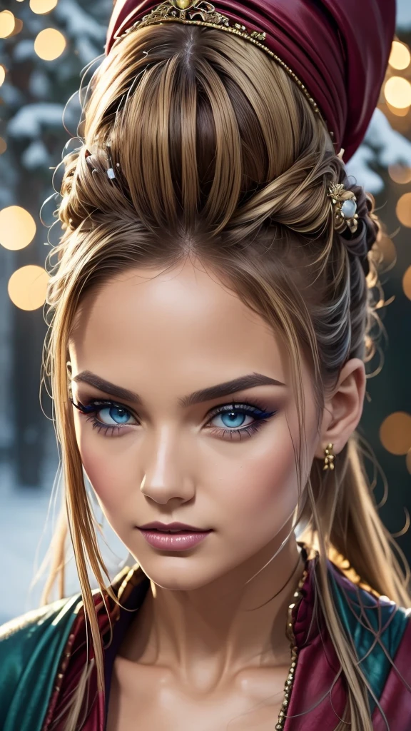 a beautiful empress, mid body portrait, blonde hair, perfect blue eyes, with a brilliant, impossible striking big Christmas headpiece, clothes Santa robes, everything Christmas, snow, symmetrical, dramatic studio lighting, rococo, baroque, greens, asian, hyperrealism, closeup, D&D, fantasy, intricate, elegant, highly detailed, digital painting, artstation, octane render, 8k, concept art, matte, sharp focus