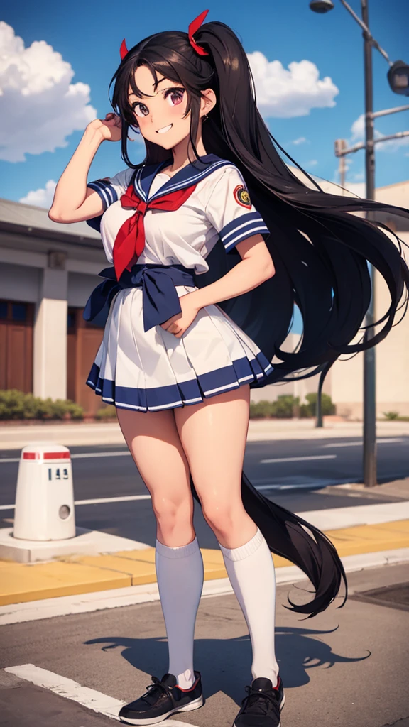 8k, Rei Hino, Smiling, Full Body, Sailor Fuku, Mexican School Background