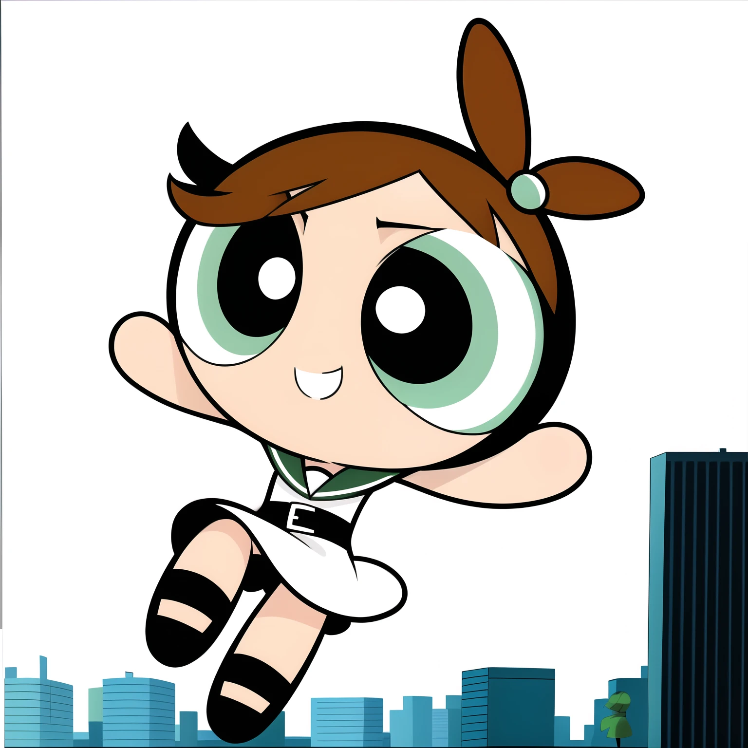 ((cute smile)), full body, 1girl , chibi, hair ornament, ((brown short hair)), mint colored eyes, white Sailor Dress, city background,