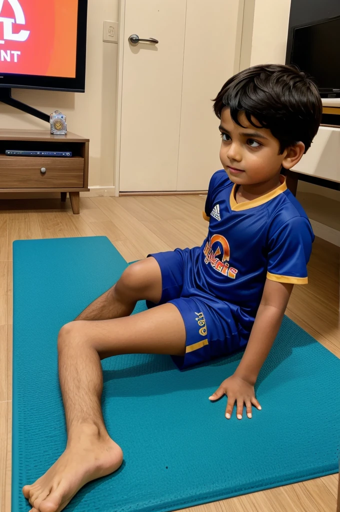 a boy sit down on mat and seeing a LED TV ipl match he Jersey RCB team 