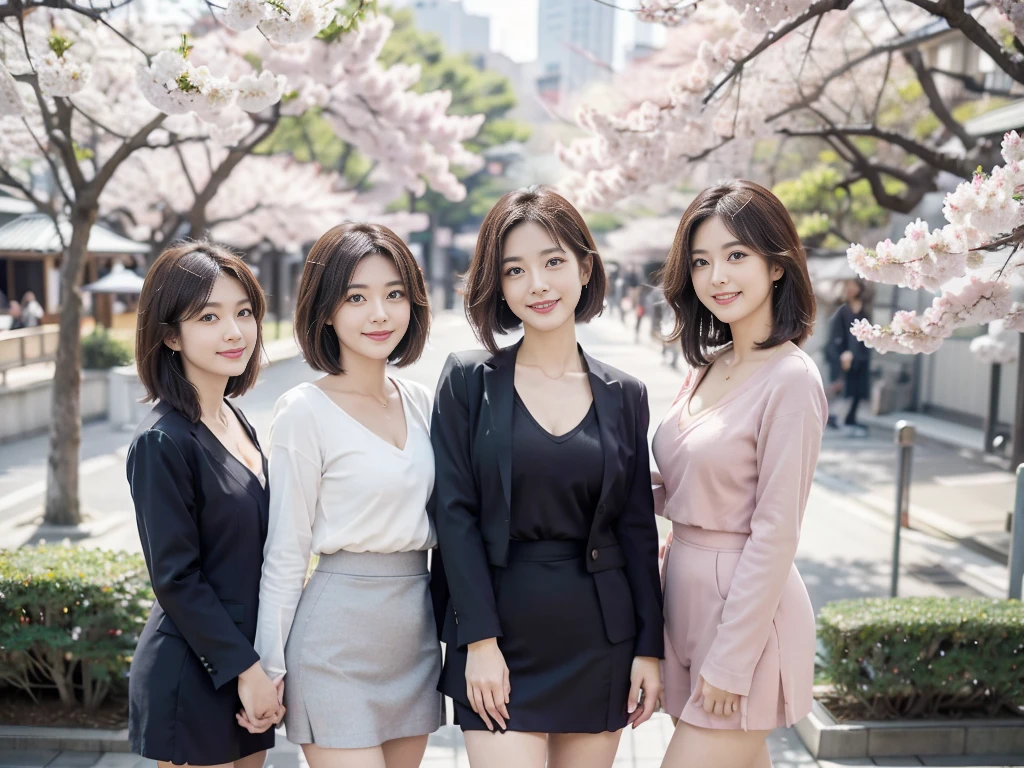 3 woman,commemorative photograph,a 3 woman in a retro mini skirt, looking at the viewer, smiling, in front of cherry blossoms in tokyo, 1960s agfa or kodak style, octanerender, very slim, (deep v-neck suit:1.3), flat chest,