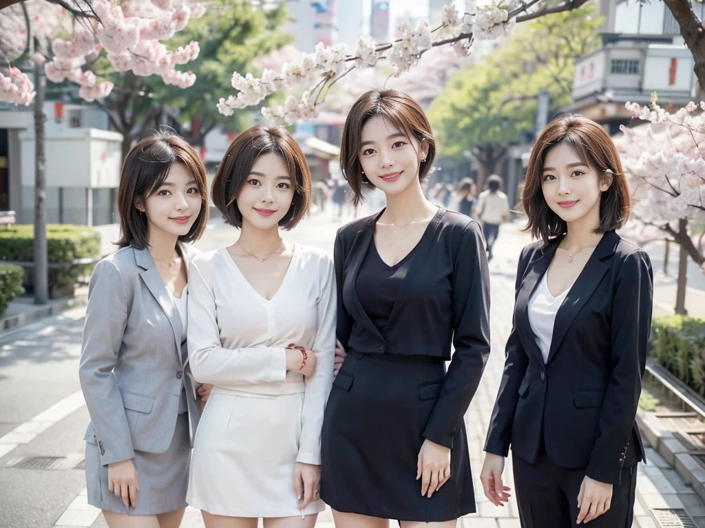 3 woman,commemorative photograph,a 3 woman in a retro mini skirt, looking at the viewer, smiling, in front of cherry blossoms in tokyo, 1960s agfa or kodak style, octanerender, very slim, (deep v-neck suit:1.3), flat chest,