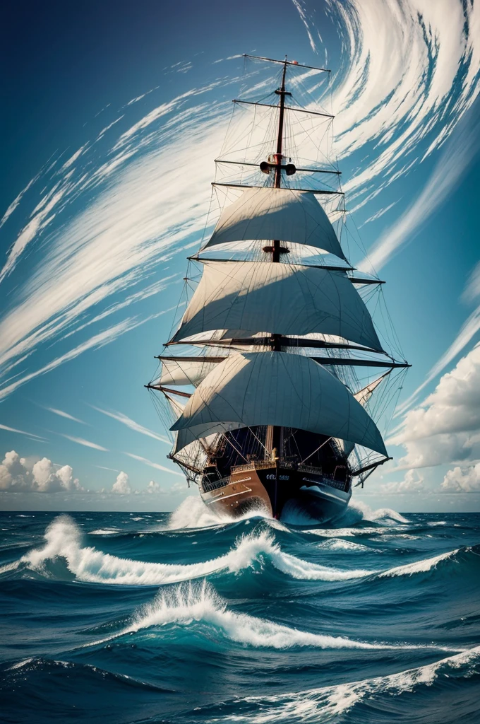 ship sailing through a swirling vortex in the ocean, with distorted waves and a sense of bending time. The scene is surreal and fantastical, with hints of different eras blending together."