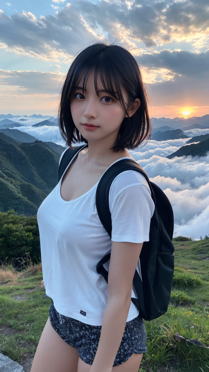 Highest quality, masterpiece, Ultra-high resolution, (Realistic:1.3), RAW Photos, (Nature landscape photography), (Majestic Mountain々The summit of the, sea of clouds), (On top of a very large mountain), (sunset), (One Girl), (Upper Body), (20-year-old), (smile:0.9), (Shiny skin), (short hair, Dark brown hair), (White T-shirt), (Tight casual shorts), (Carry a large backpack on your back), (Ultra detailed face), (Nipple erection), (Highly detailed eyes), (Highly detailed nose), (Highly detailed mouth), (Very skilled hands), (Super-detailed body), Sony a7, 85mm lens, f9.0, Pan Focus
、Luxury Panties、