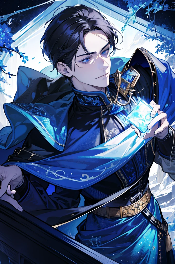 (absurdres, highres, ultra detailed), 1 male, adult, handsome, tall muscular guy, broad shoulders, finely detailed eyes, dark color hair, fantasy, complex pattern, detailed face, throne, magic effect, best ratio four finger and one thumb, ice, bitter cold, cold snap, smile, (dutch angle), closed mouth