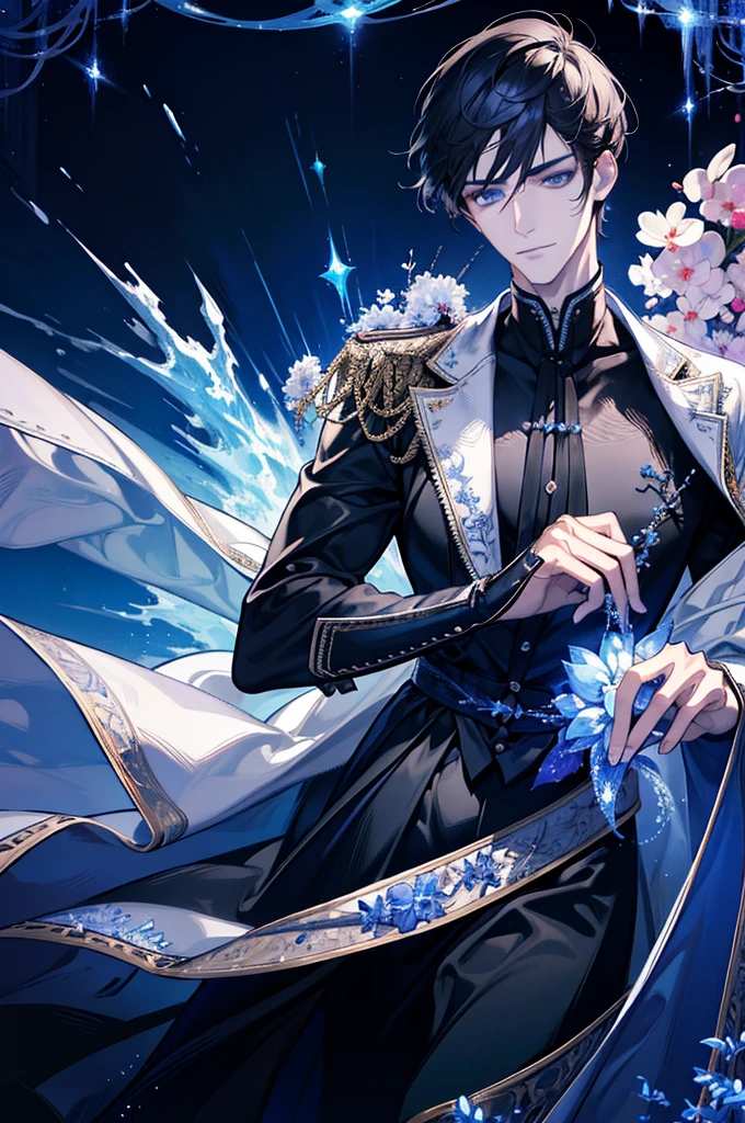 (absurdres, highres, ultra detailed), 1 male, adult, handsome, tall muscular guy, broad shoulders, finely detailed eyes, dark color hair, fantasy, complex pattern, detailed face, throne, magic effect, best ratio four finger and one thumb, ice, bitter cold, cold snap, smile, (dutch angle), closed mouth