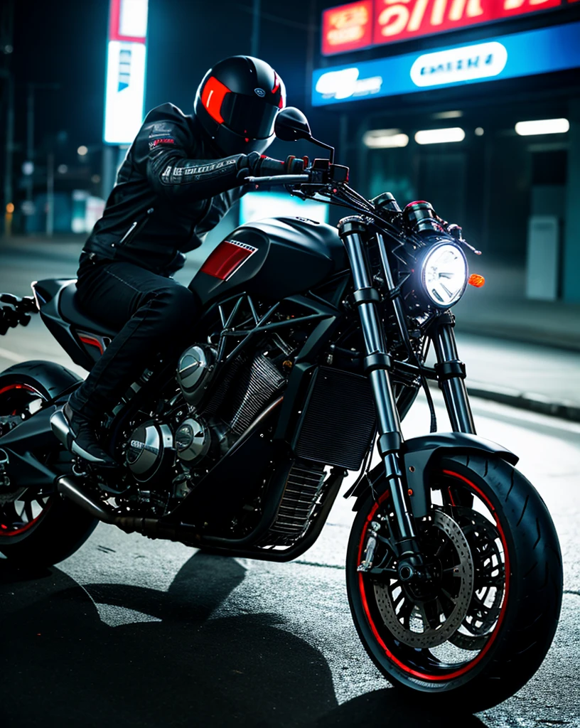 a heavily detailed motorcycle, highly realistic, photorealistic, 8k, best quality, sharp focus, physically-based rendering, extreme detail description, professional, chrome motorcycle, futuristic motorcycle, intricate details, glossy finish, reflective surfaces, dynamic lighting, dramatic shadows, cinematic composition, moody atmosphere, cyberpunk aesthetic, neon accents, glowing panels, advanced technology
