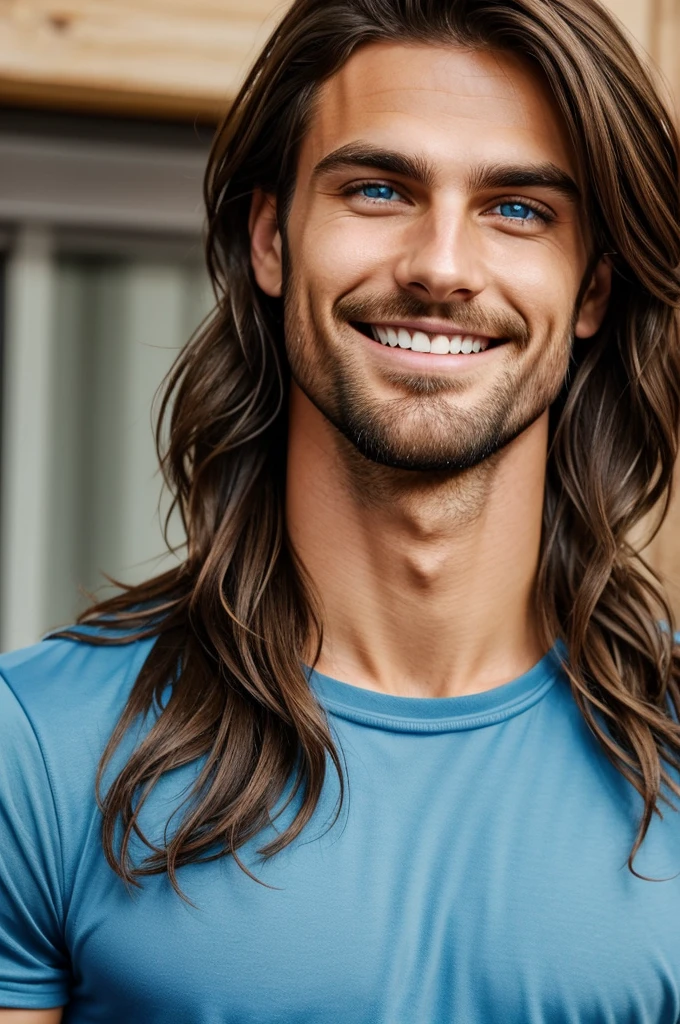 A guy with paleish blue eyes, brown hair, kinda strong jawline, slightly tan, smiling with teeth, shoulder length hair, kinda wavy hair, a strong stare, and light stubble
