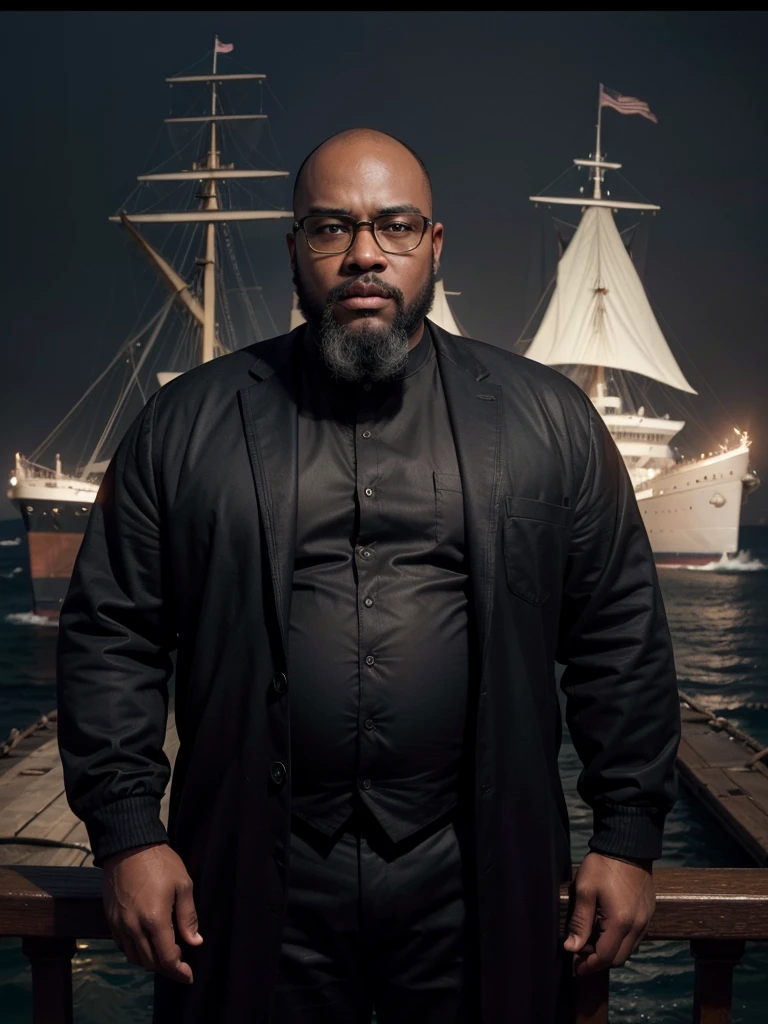 hyper realistic image a black man, dark, fat, bald, wears a black beard, big head, wears black-rimmed square prescription glasses (like Jack Dawson from the movie Titanic), standing, with the ship Titanic passing behind him, seen from the front , full body, in the year 1912, photograph with an antique look