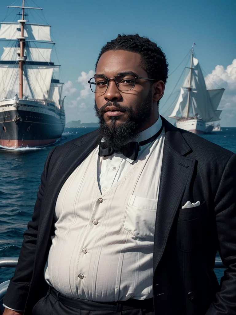 hyper realistic image a black man, dark, fat, bald, wears a black beard, big head, wears black-rimmed square prescription glasses (like Jack Dawson from the movie Titanic), standing, with the ship Titanic passing behind him, seen from the front , full body, in the year 1912, photograph with an antique look
