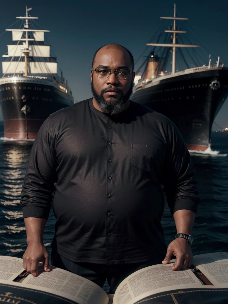 hyper realistic image a black man, dark, fat, bald, wears a black beard, big head, wears black-rimmed square prescription glasses (like Jack Dawson from the movie Titanic), standing, with the ship Titanic passing behind him, seen from the front , full body, in the year 1912, photograph with an antique look