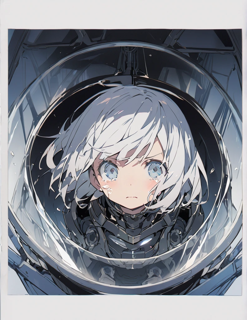 Inside the glass cockpit of a giant weapon The white-haired girl cried sadly, Mechanical joints short hair