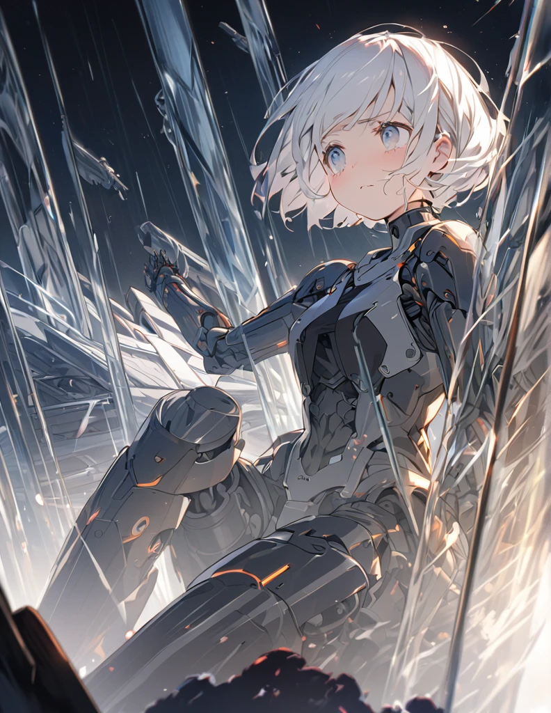 Inside the glass cockpit of a giant weapon The white-haired girl cried sadly, Mechanical joints short hair
