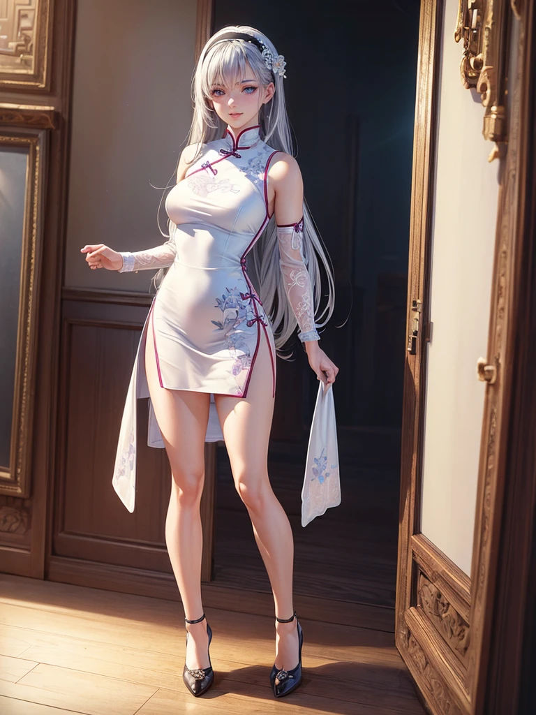 (1girl, solo), (full body:1.5), full-body shot, ((standing)), (perfect anatomy, perfect hands, perfect legs, perfect body), beautiful body, natural proportions BREAK

(((extremely detailed face))), (beautiful detailed eyes:1.6), (realistic pupils, realistic iris:1), expressive eyes, looking at viewer, (clear eyes:1.3), (hyperrealistic:1.2), (detailed skin texture:1.2), smooth skin, ((purple eyes)), ((silver hair)), silver hair with blue tips, long hair, (hairband:1.3), ((black hairband)), bangs, ((hair ornament)), (smile), blush, large breast, (detailed lips:1.3), (attractive lips:1.2), (glossy lips:1) BREAK

((a sexy woman dressed in a mini qipao dress)), qipao, ((white qipao:1.5)), (mini qipao:1.5), dress, ((china dress)), (mini dress:1.5), (bare legs:1.3), ((chinese clothes)), ((high slit qipao)), thighs, ass visible through thighs, ((bare shoulders)), high heels BREAK

(minimal background:1.1), (simple background:1.1) BREAK

(masterpiece:1.5), anime-style, top quality, best quality, (beautiful and aesthetic:1.4), (ultra detail:1.5), Ultra-detailed depiction, Ultra-precise depiction, extremely detailed 8k illustration, high resolution, (highly detailed shading:1.4), (realistic lighting:1.5), perfect lighting, vibrant colors, dynamic tones, striking hues, 8k, absurd resolution, perfect shadows, hdr, UHD, ambient lighting, realistic, ultra-realistic, photo realistic, highly detailed, rich detail, luminous colors, fine texture, intricate design, professional illustration, (soft light:1.3), (illustration:0.8), (detailed background:1.3)