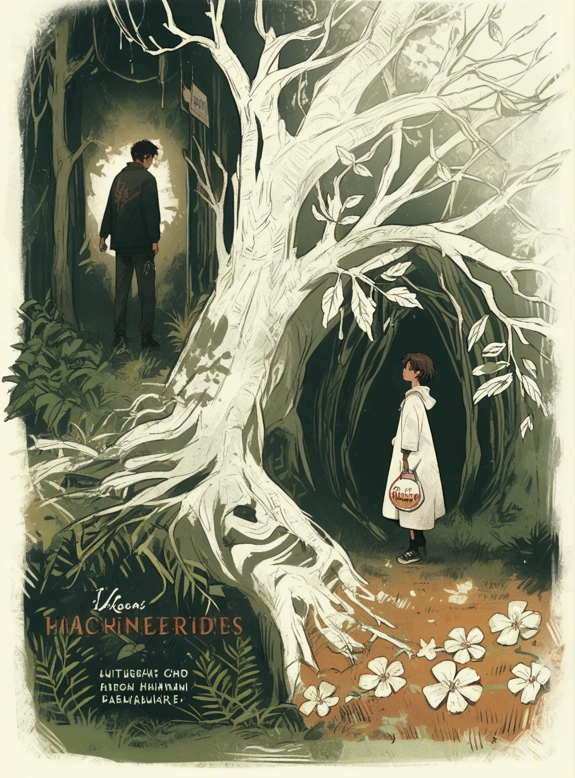 score_9, score_8_up, score_7_up, score_6_up, score_5_up, score_4_up, wh33z13, 1 kid girl, dark brown hair, close up of a poster with a person standing in a tree, official poster, illustrated poster