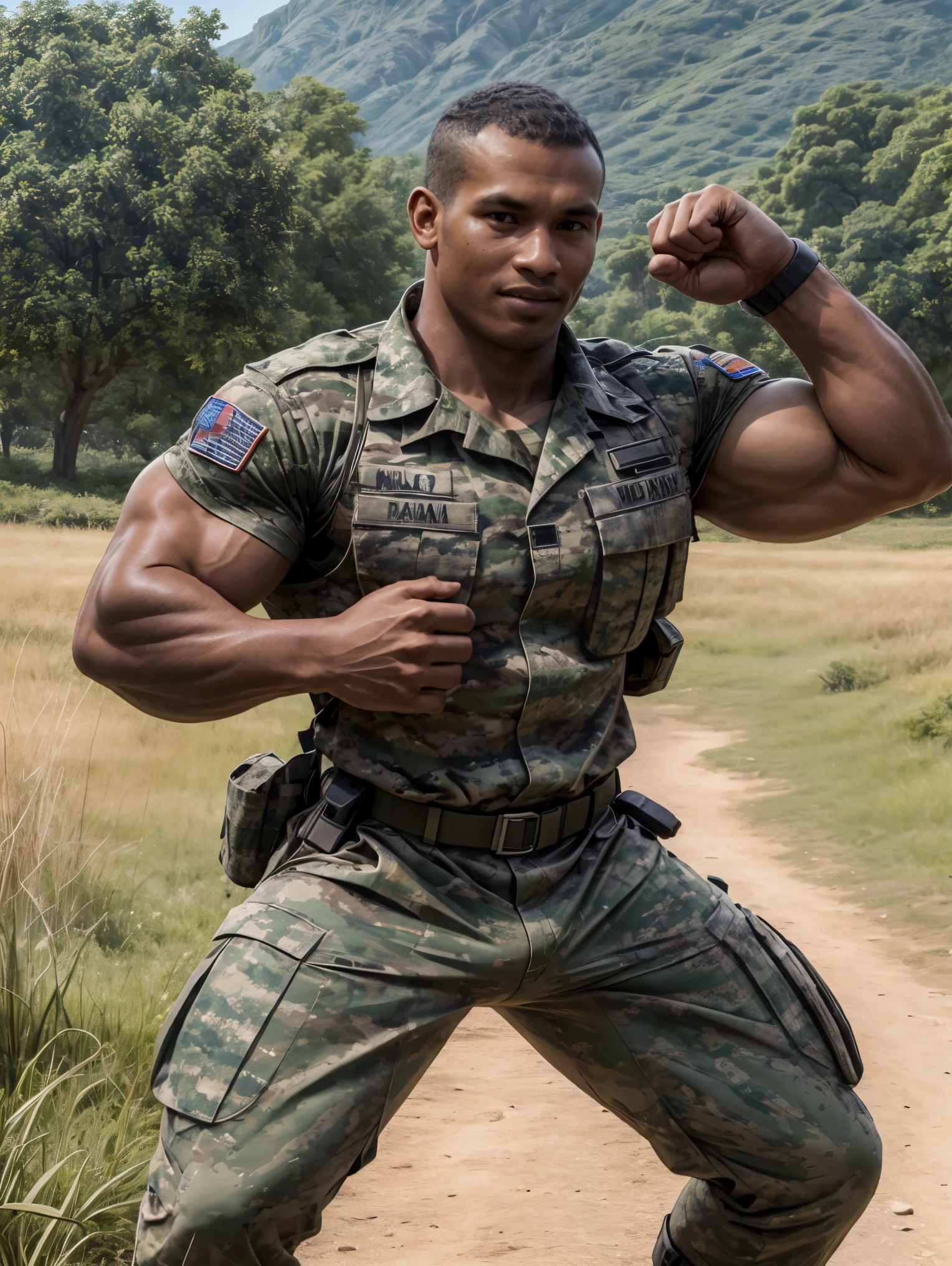 ultra realistic, unreal engine 5, anatomically correct, detailed eyes, detailed face, black eyes, male focus, solo, wadosanusi, very dark skin, dark-skinned male, muscular, bara, soldier, military, uniform, ((camouflage shirt)), smirk, fighting stance, clenched hands, field, upper body,