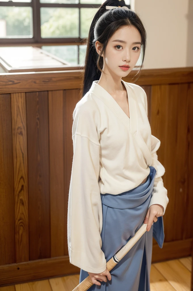 (((best quality))),(((ultra detailed))),(((masterpiece))),illustration,1girl,solo,tonogui,short ponytail,slim,thin,small breasts,flat chest,white collar,white kendogi,three-quarter sleeves,maxi navy-blue kendo hakama,slender legs,standing in kendo gym,(holding a bokuto in hand:1.3),arms behind back,focused and determined expression,ready for challenge,slender and elegant face,confident and resilient,fair skin,blush,neat teeth,bright smile,clean and tidy uniform,wooden gym floor,wall,pine scent,standard grip,ready to slice through obstacles,strong belief,determination,spirit of resilience,admiring,from front,full body,bare feet
