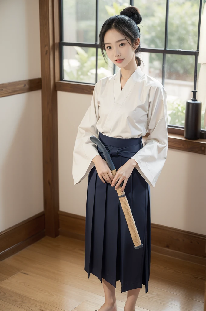 (((best quality))),(((ultra detailed))),(((masterpiece))),illustration,1girl,solo,tonogui,short ponytail,slim,thin,small breasts,flat chest,white collar,white kendogi,three-quarter sleeves,maxi navy-blue kendo hakama,slender legs,standing in kendo gym,(holding a bokuto in hand:1.3),arms behind back,focused and determined expression,ready for challenge,slender and elegant face,confident and resilient,fair skin,blush,neat teeth,bright smile,clean and tidy uniform,wooden gym floor,wall,pine scent,standard grip,ready to slice through obstacles,strong belief,determination,spirit of resilience,admiring,from front,full body,bare feet