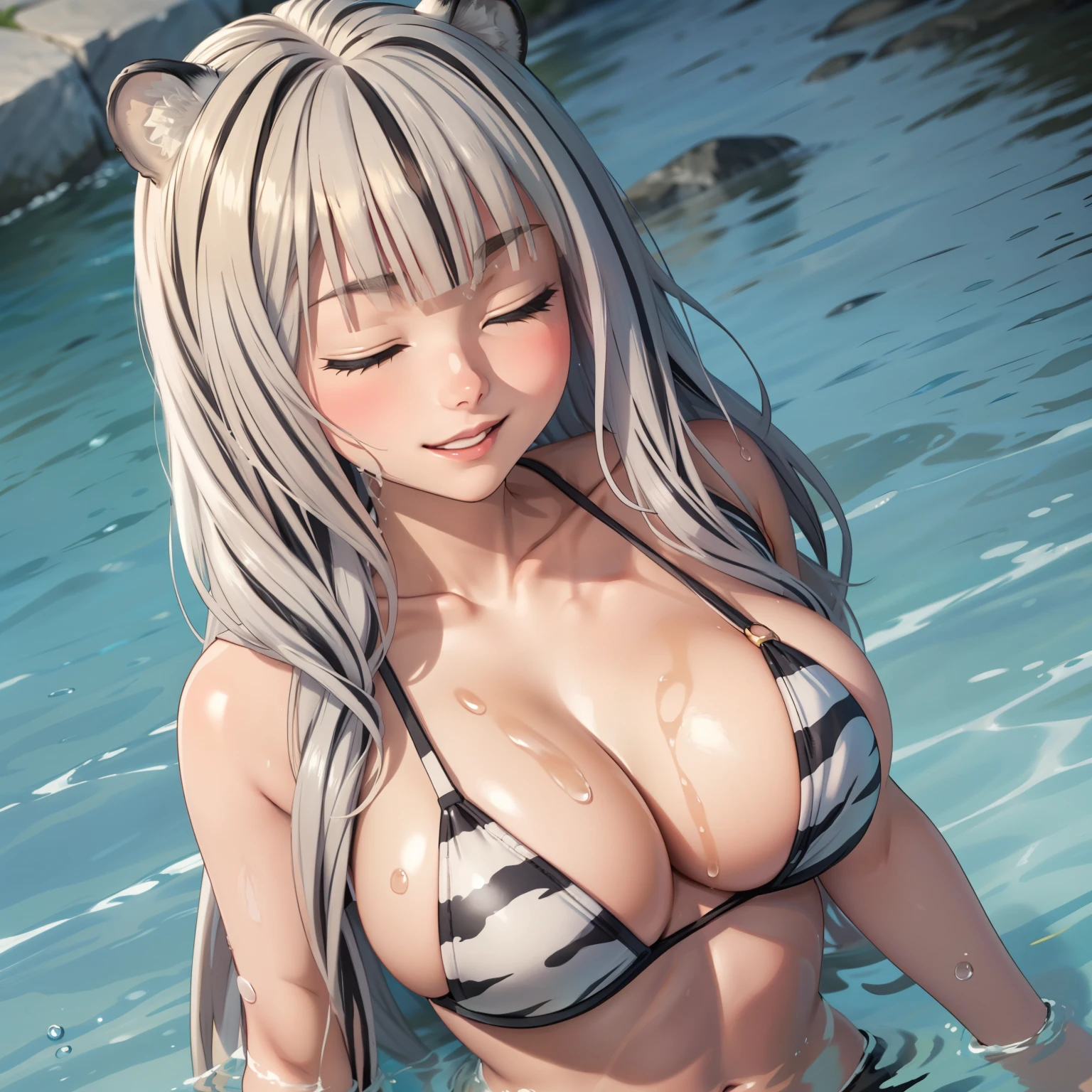 Atlas Fayon woman 40 years, white hair with black stripes ,white tiger ears, closed eyes, mujer ciega con closed eyes, Bikini sexy, He is bathing in the ocean, drops of water on his chest, water drops splashing, big breasts. SMILE.