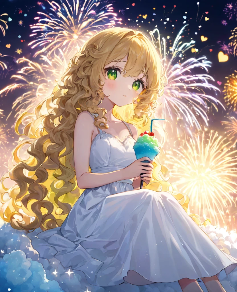 (masterpiece, best quality:1.2), (absurdres, highres, ultra-detailed), (perfect anatomy),
Cute Girls、Sitting、Holding in hand、shaved ice、Blonde、Curly long hair、Yellow-green eyes、White dress、Background sparkling fireworks、night、heart、