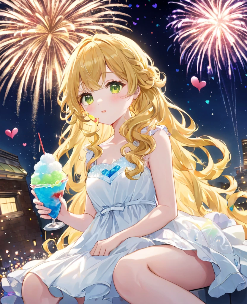 (masterpiece, best quality:1.2), (absurdres, highres, ultra-detailed), (perfect anatomy),
Cute Girls、Sitting、Holding in hand、shaved ice、Blonde、Curly long hair、Yellow-green eyes、White dress、Background sparkling fireworks、night、heart、