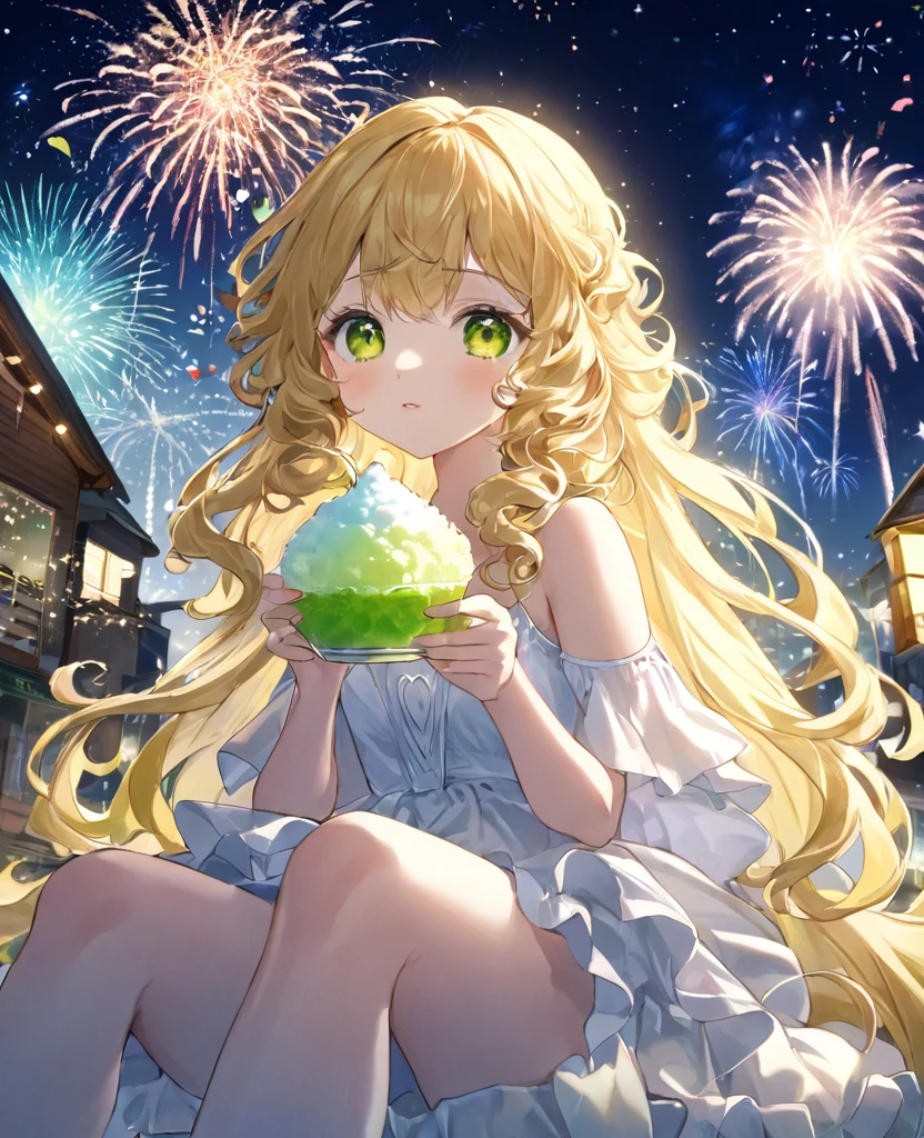 (masterpiece, best quality:1.2), (absurdres, highres, ultra-detailed), (perfect ???????), 
Cute Girls、Sitting、Holding in hand、shaved ice、Blonde、Curly long hair、Yellow-green eyes、White dress、Background sparkling fireworks、night、heart、

