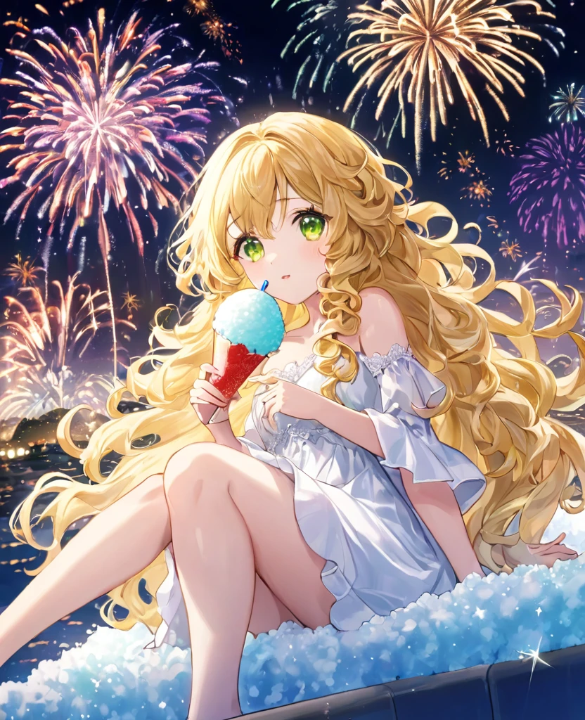 (masterpiece, best quality:1.2), (absurdres, highres, ultra-detailed), (perfect anatomy),
Cute Girls、Sitting、Holding in hand、shaved ice、Blonde、Curly long hair、Yellow-green eyes、White dress、Background sparkling fireworks、night、heart、