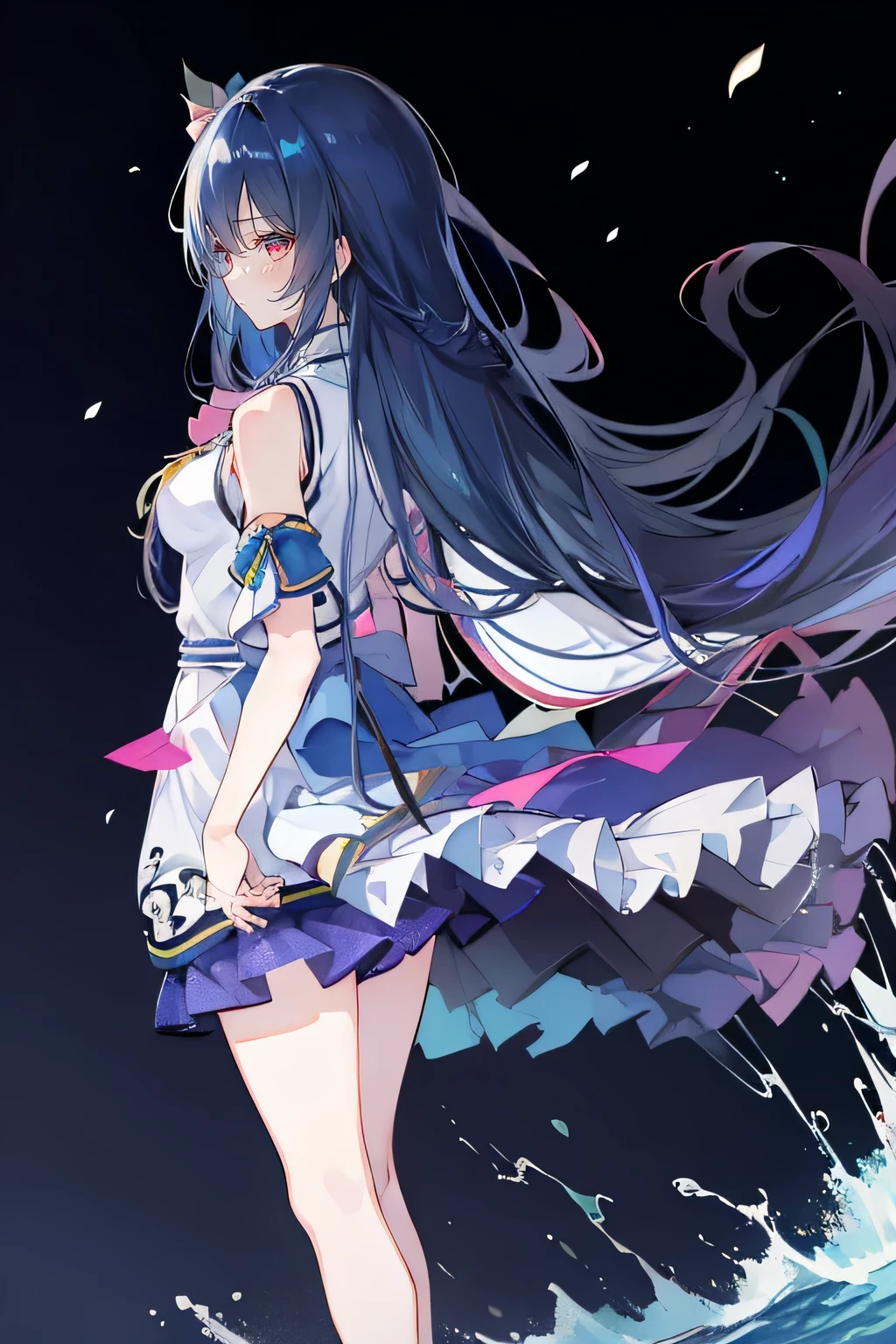 （masterpiece：1.2），Super detailed，lifelike，Expressive eyes，fair skin，perfect face shape，1 girl，
Japanese comics,Gorgeous blue hair,flowing blue hair,flowing clothes,Petals fall,beautiful lola,Baby Angel,
Shaking head with one hand，Cross your legs，Gentle and peaceful background，The pavilion is cool and comfortable,smile, wearing hoodie, background of tokyo,back views,snowing, winter,lie on the water. dark blue gradient hair,asymmetrical hair,（（Hair is very thick 1.8，Chiseled hair 1.6））， Hair over the shoulders, Messy hair, Very long hair, shiny hair，(long dark blue hair:1.2),A beautiful girl，（Transparent clothes transparent 1.8），Perfect body，Big thin legs，slender，(Looks very sad，Looks haggard ，sadness，shut your mouth：1.2） Against the backdrop of an unusually bright dark starry sky，（Put your hands behind your back），（round,Room, Strong breasts），barefoot，float，water surface，（long legs，long legs，long legs，Complete）