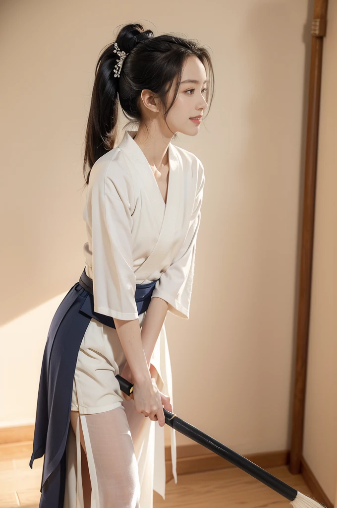 (((best quality))),(((ultra detailed))),(((masterpiece))),illustration,1girl,solo,tonogui,short ponytail,slim,thin,small breasts,flat chest,white collar,white kendogi,three-quarter sleeves,maxi navy-blue kendo hakama,slender legs,standing in kendo gym,(holding a bokuto:1.3),arms behind back,focused and determined expression,ready for challenge,slender and elegant face,confident and resilient,fair skin,blush,neat teeth,bright smile,clean and tidy uniform,wooden gym floor,wall,pine scent,standard grip,ready to slice through obstacles,strong belief,determination,spirit of resilience,admiring,from front,full body,bare feet