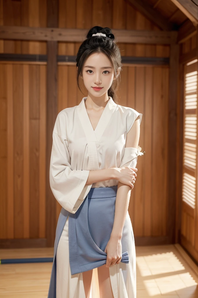 (((best quality))),(((ultra detailed))),(((masterpiece))),illustration,1girl,solo,tonogui,short ponytail,slim,thin,small breasts,flat chest,white collar,white kendogi,three-quarter sleeves,maxi navy-blue kendo hakama,slender legs,standing in kendo gym,(holding a bokuto:1.3),arms behind back,focused and determined expression,ready for challenge,slender and elegant face,confident and resilient,fair skin,blush,neat teeth,bright smile,clean and tidy uniform,wooden gym floor,wall,pine scent,standard grip,ready to slice through obstacles,strong belief,determination,spirit of resilience,admiring,from front,full body,bare feet