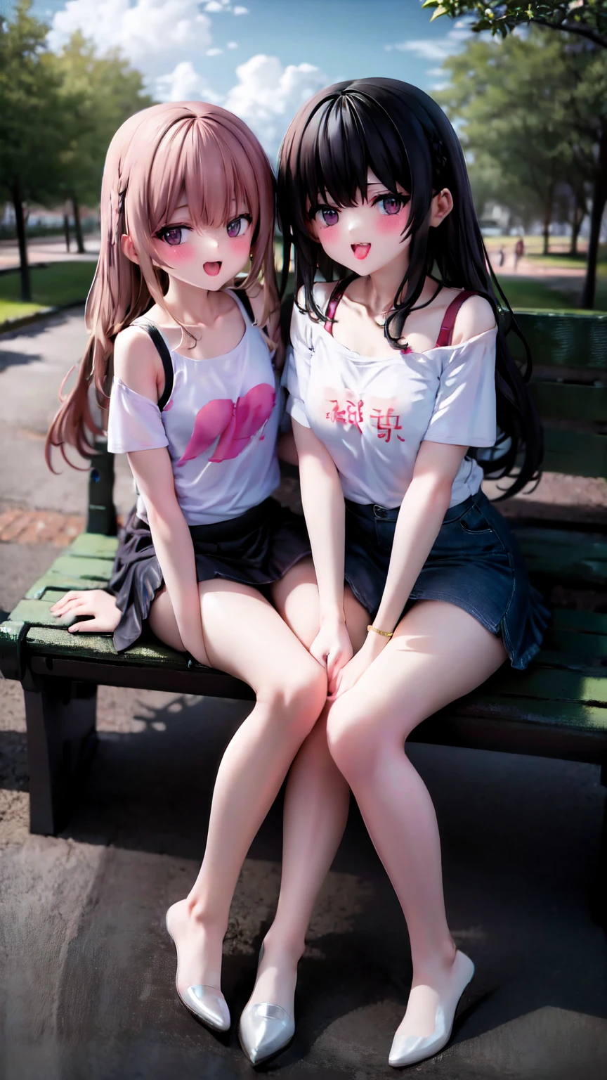  twin sisters having fun in the park、T-Shirts、mini skirt、camisole、Fellatio、