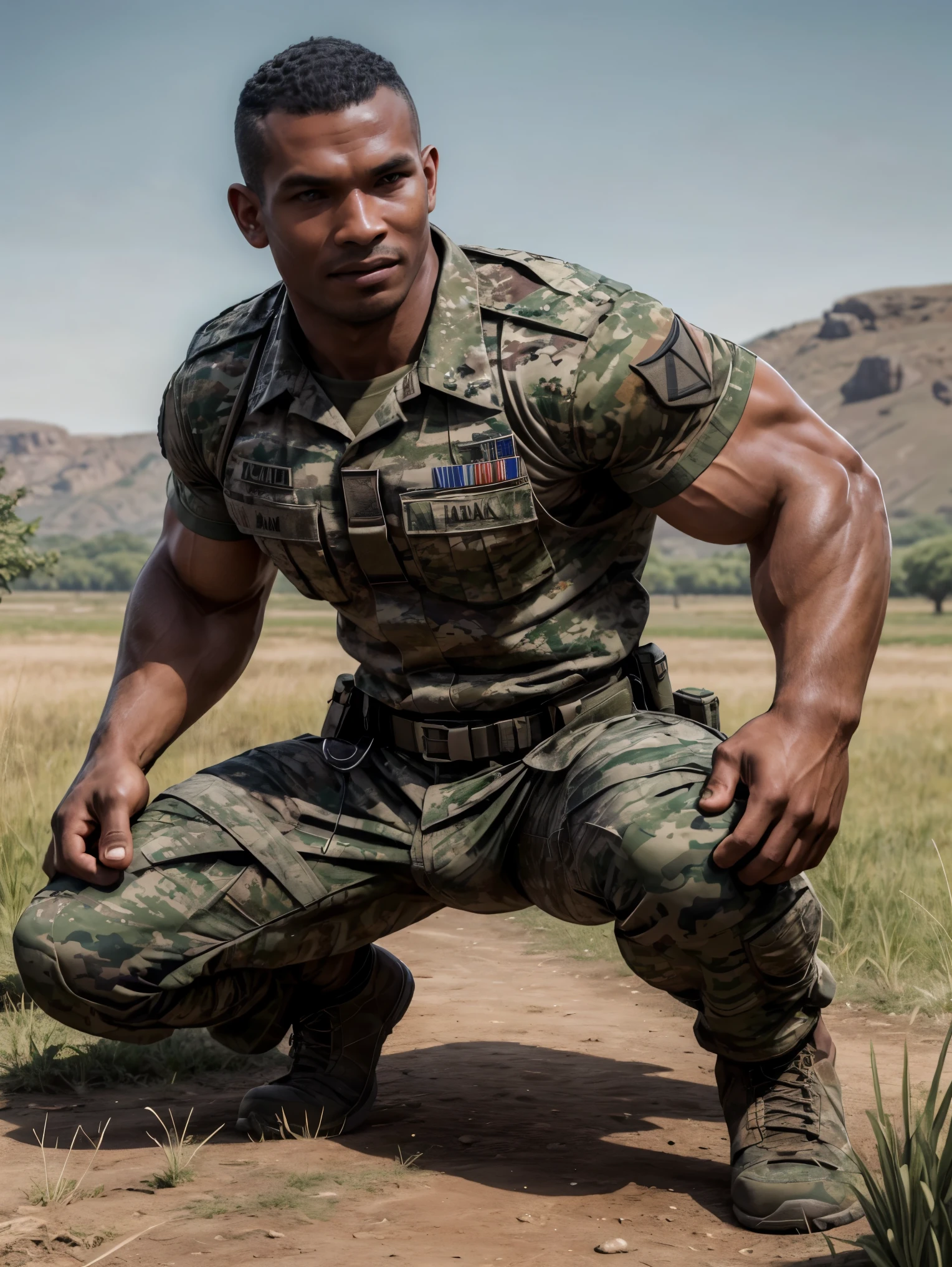 ultra realistic, unreal engine 5, anatomically correct, detailed eyes, detailed face, black eyes, male focus, solo, wadosanusi, very dark skin, dark-skinned male, muscular, bara, soldier, military, uniform, ((camouflage shirt)), smirk, fighting stance, clenched hands, field, upper body,